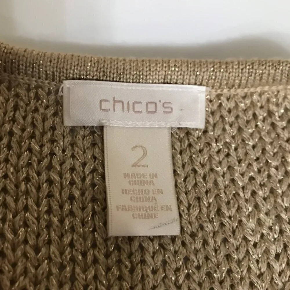 Women's Chico's Gold Open Knit V-Neck Long Sleeve Sweater Size 2